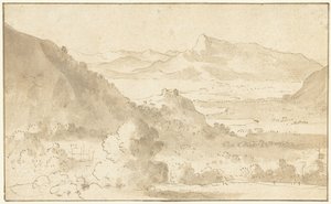 湖と城のある山の風景 作： Agostino Tassi (possibly)