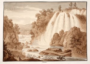 チボリでカスケード、1833年（茶色のウォッシュでエッチング） 作： Agostino Tofanelli