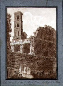 ローマのフォーラムにあるマルスの神殿 1800年頃（紙にペンとインク、セピアウォッシュ） 作： Agostino Tofanelli