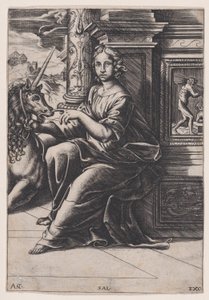貞操、座っている女性、右側のユニコーン、c。 1515-30。 作： Agostino Veneziano