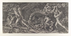 Lo Stregozzo: 動物の骸骨に乗った女性の魔女の前に 2 人の男性と ..., ca. 1515-25。
