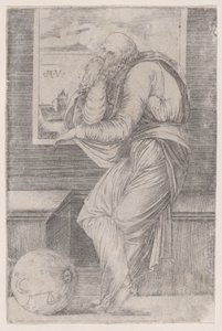 窓の近くに座っている哲学者、約。 1514-36 年頃。 1514-36。 作： Agostino Veneziano