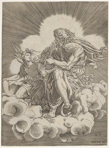 聖マタイ、雲の上に座って、天使が抱いたインク壺に羽をつけた...、ca。 1518-20。