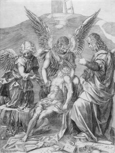 3人の天使に支えられたキリストのからだ、1516年。 作： Agostino Veneziano