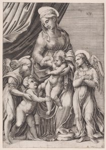 聖母、幼子キリスト、幼子聖ヨハネ、2 人の天使、1516 年。 作： Agostino Veneziano