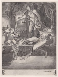 ゆりかごに抱かれた若いヘラクレス、1533 年。 作： Agostino Veneziano