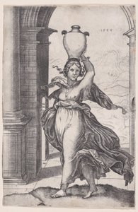 花瓶を頭に乗せた女性、1528 年、1528 年。 作： Agostino Veneziano