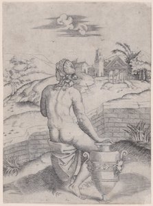 花瓶の近くに座っている女性、カリフォルニア州。 1514-36。 作： Agostino Veneziano