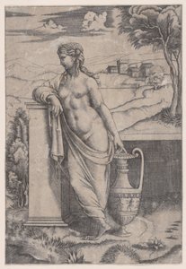 花瓶の近くに立つ女性、カリフォルニア州。 1514-36。 作： Agostino Veneziano