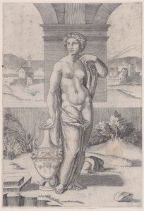 花瓶の近くに立つ女性、カリフォルニア州。 1514-36。 作： Agostino Veneziano