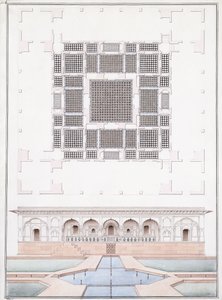 1830年頃、ディグのスラジュバワンの南正面と庭園宮殿の標高（鉛筆、ペン、灰色のインクと水彩） 作： Agra School
