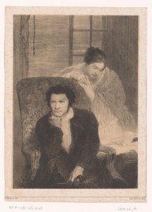 開いているウィンドウで女性と肘掛け椅子の男 作： Aimé de Lemud