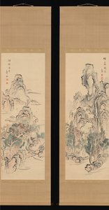 カスケード滝のある幻想的な岩、ハムレット湖の漁船、19 世紀前半。 作： Aiseki