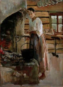 白身魚を料理する女性 作： Akseli Valdemar Gallen Kallela