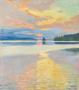 ルオヴェシ湖に沈む夕日、c. 1915年（キャンバスに油彩）