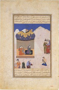 砂漠でマジュヌンを訪れるライラ、アミール・クスラウのカムサ五重奏団のフォリオ...、1520-25。 作： Ala al Din Muhammad