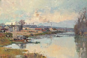 ポートマルリーのセーヌ川（キャンバスに油彩） 作： Albert Charles Lebourg