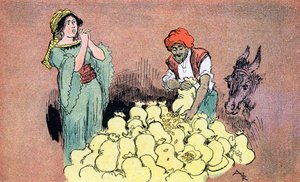 妻に金の袋を見せているアリババ アリババと40人の盗賊のためにアルバート・ロビダが描いたイラスト 1945年個人蔵 作： Albert (after) Robida