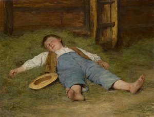干し草で眠っている少年、1891-97年 作： Albert Anker