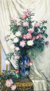 ドレープリージェンシーギルトウッドコンソールテーブルの青い花瓶の牡丹 作： Albert Aublet
