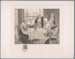 テーブルで伝統的な衣装を着た女性の会社 ル・スキャンダル 作： Albert Bertrand (attributed to)