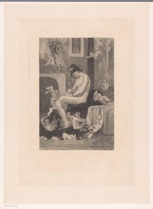 ベッドの端で裸の女性が悪魔の演奏に囲まれている La mere aux Satyrions 作： Albert Bertrand (attributed to)