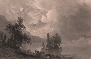 エスター湖の眺め、シエラネバダ、カリフォルニア、アメリカ合衆国、アルバート・ビアスタット（1830-1902）の絵画にロバート・ヒンシュルウッド（1812-1875）が描いたスチール・エングレーヴィング、約19x14cm。 作： Albert Bierstadt