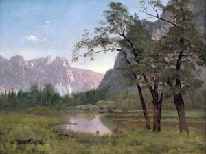 ヨセミテバレー（キャンバスにマウントされた紙に油彩） 作： Albert Bierstadt