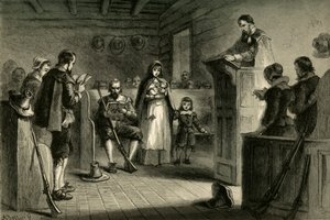 1877年、巡礼者によるプリマスでの公の崇拝。 作： Albert Bobbett