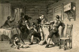 ピューリタンはインディアンに対して彼らの家をバリケードしました、1877。 作： Albert Bobbett