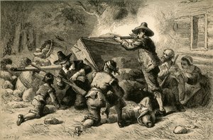 バージニア人がインディアンから身を守る、1877年。 作： Albert Bobbett