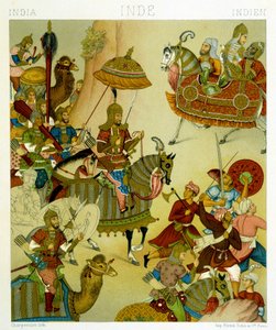 16世紀のインドの戦争用スーツ。クロモリトグラフ版（Racinet著「Le costume historique」所収 作： Albert Charles August Racinet