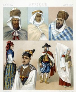アルジェリアの衣装と髪型。Racinetによる「Le costume historique」のイラスト 作： Albert Charles August Racinet
