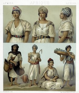 カビル族の女性の衣装と頭飾り（上）。チュニジアとアルジェリアの衣装（下）。Racinetによる「Le costume historique」のイラスト