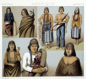 カリフォルニア・インディアンのコスチューム。ラシネによる「歴史的衣装」のイラスト 作： Albert Charles August Racinet
