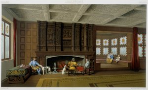 17世紀に建てられた家にいるイギリスの領主とその家族。クロモリトグラフ版-Racinetの「Le costume historique」の中で 作： Albert Charles August Racinet