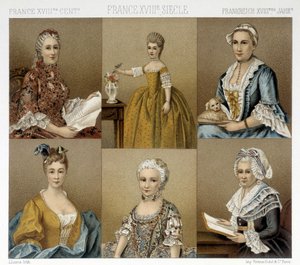 18世紀のフランスのフェミニン・ファッション。ラシネの「Le costume historique」に掲載されたイラスト 作： Albert Charles August Racinet