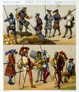 16世紀のフランス軍のコスチューム。クロモリトグラフ版（Racinet著「Le costume historique」所収 作： Albert Charles August Racinet