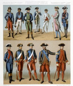 18世紀のフランス軍の衣装。ラシネの「Le costume historique」に掲載されたイラスト 作： Albert Charles August Racinet