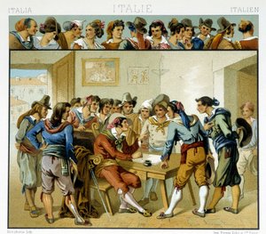 19世紀に流行したローマの衣装を身にまとった、作家を囲むイタリア人のグループ。クロモリトグラフ版-Racinetの「Le costume historique」にて