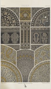インド、「多色刷りの装飾品」のプレート16。金、銀、色の百枚の皿」より 作： Albert Charles August Racinet