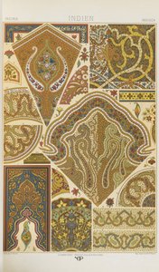 インド、「多色刷りの装飾品」のプレート19。金、銀、色の百枚の皿」より 作： Albert Charles August Racinet