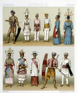 インドネシアのセレベス諸島に住む人々。ラシネの「Le costume historique」に掲載されたイラスト