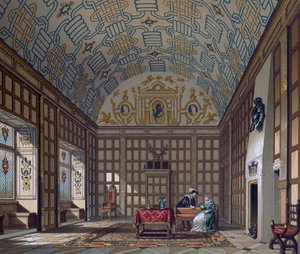 16世紀イギリスの住居の内部（『Le Costume historique（完全な衣装の歴史）』より、Gaulardによるリトグラフ