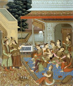 多くの女性がいるインドの家の内部 - ラシネの「歴史的衣装」にて 作： Albert Charles August Racinet