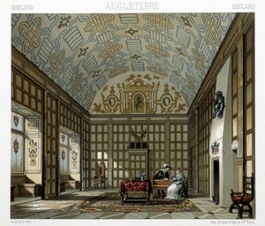 17世紀のイギリスの大邸宅の内部。ラシネの「Le costume historique」に掲載されているイラスト 作： Albert Charles August Racinet
