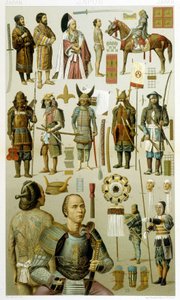 日本の武士の衣装（サモウラまたはヤクザまたはヤクザ）。クロモリトグラフ版-Racinetの「Le costume historique」に掲載されています。