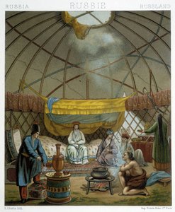 カルムイク(ロシアの遊牧民)のユルト(宿泊施設)にて 作： Albert Charles August Racinet
