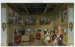18世紀の豊かな家の中の男女の姿。ラシネの「Le costume historique」に掲載されているイラスト 作： Albert Charles August Racinet