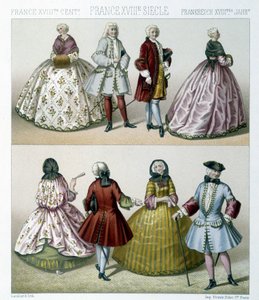 18世紀にフランスで流行した衣装を着た男女。Racinetによる「Le costume historique」のイラスト 作： Albert Charles August Racinet